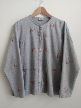 Cottage Cove XL embroidered sweatshirt cardigan grey with pink cotton blend